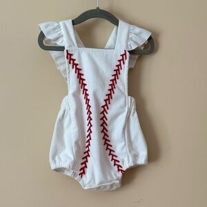 White Baby Baseball Romper with Red Stitching